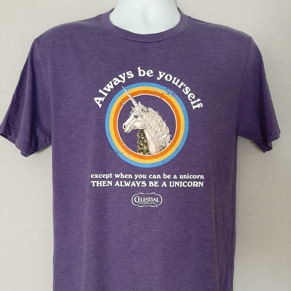 Celestial Seasonings Tea PURPLE "Always Be Yourself" Unicorn t-shirt--NEW